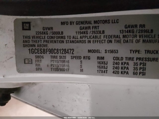 46301966 :رقم المزاد ، 1GCESBF90C8128472 vin ، 2012 Chevrolet Colorado Work Truck مزاد بيع