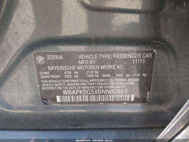 46301970 :رقم المزاد ، WBAPK5G5XBNN80965 vin ، 2011 Bmw 328i Xdrive مزاد بيع