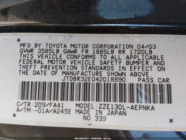 2004 Toyota Corolla Le მანქანა იყიდება აუქციონზე, vin: JTDBR32E042018890, აუქციონის ნომერი: 46301974