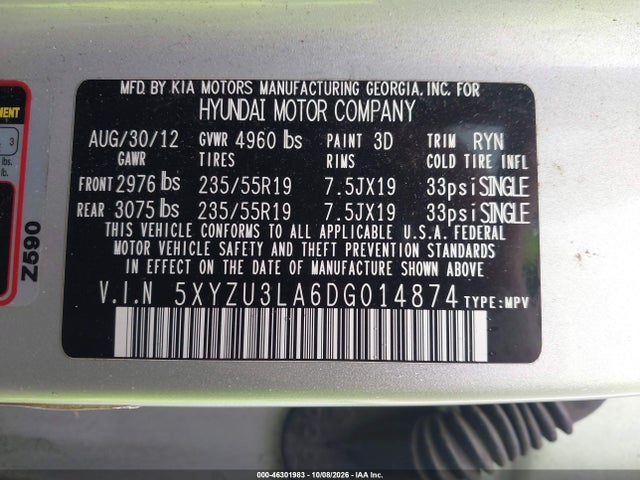 2013 Hyundai Santa Fe Sport 2.0t მანქანა იყიდება აუქციონზე, vin: 5XYZU3LA6DG014874, აუქციონის ნომერი: 46301983
