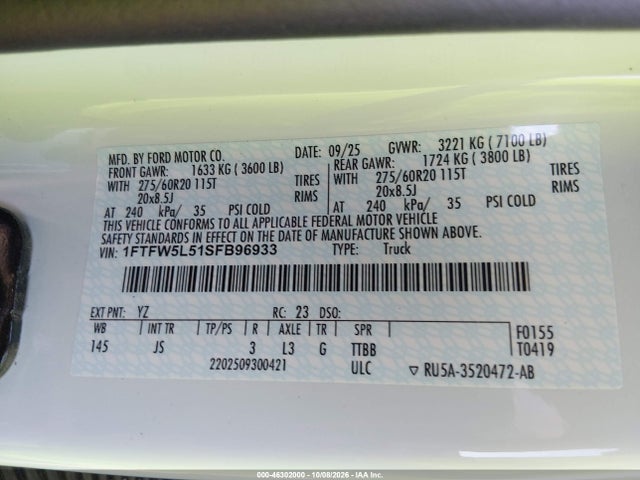 2025 Ford F-150 Lariat მანქანა იყიდება აუქციონზე, vin: 1FTFW5L51SFB96933, აუქციონის ნომერი: 46302000
