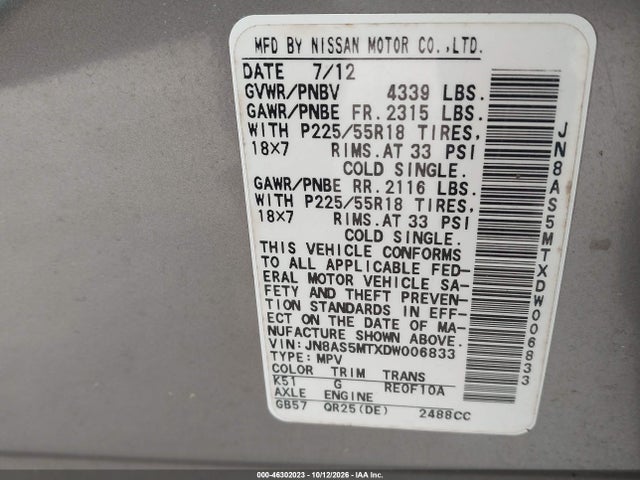 Aukcja sprzedaży 2013 Nissan Rogue Sv W/sl Pkg, vin: JN8AS5MTXDW006833, numer aukcji: 46302023