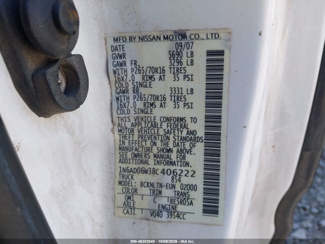 Aukcja sprzedaży 2008 Nissan Frontier Se, vin: 1N6AD06W38C406222, numer aukcji: 46302045