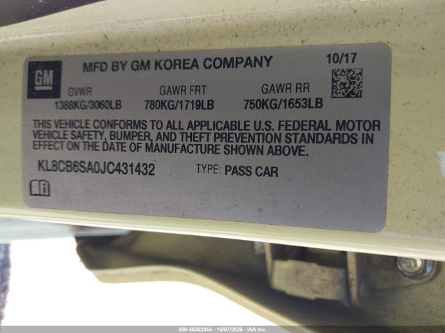 46302054 :رقم المزاد ، KL8CB6SA0JC431432 vin ، 2018 Chevrolet Spark Ls Cvt مزاد بيع