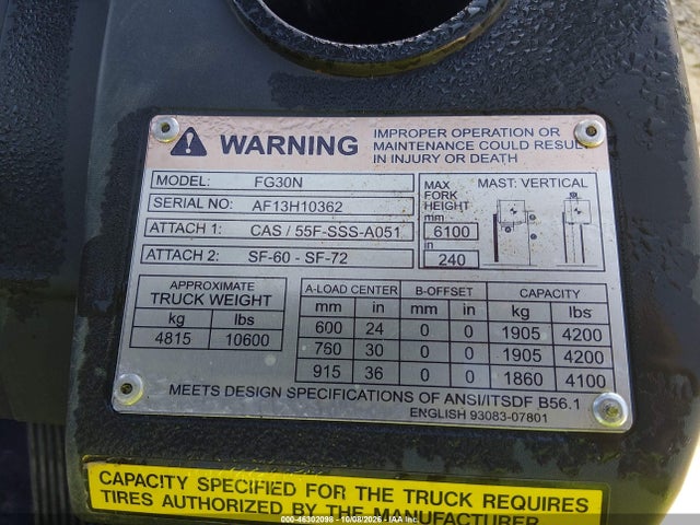 Auction sale of the 2026 Mitsubishi Fg30n, vin: AF13H10362, lot number: 46302098