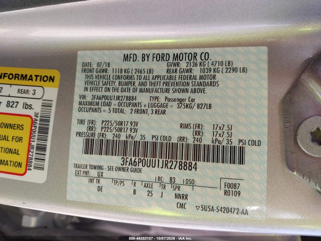 Продажа на аукционе авто 2018 Ford Fusion Hybrid S, vin: 3FA6P0UU1JR278884, номер лота: 46302107