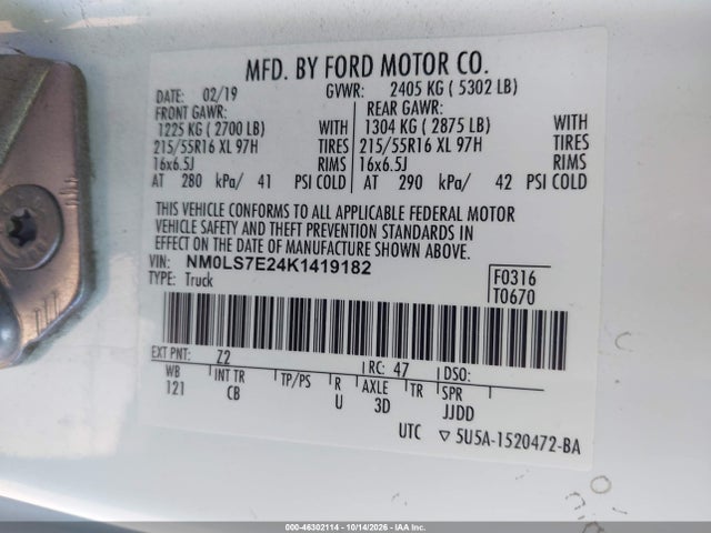 2019 Ford Transit Connect Xl მანქანა იყიდება აუქციონზე, vin: NM0LS7E24K1419182, აუქციონის ნომერი: 46302114