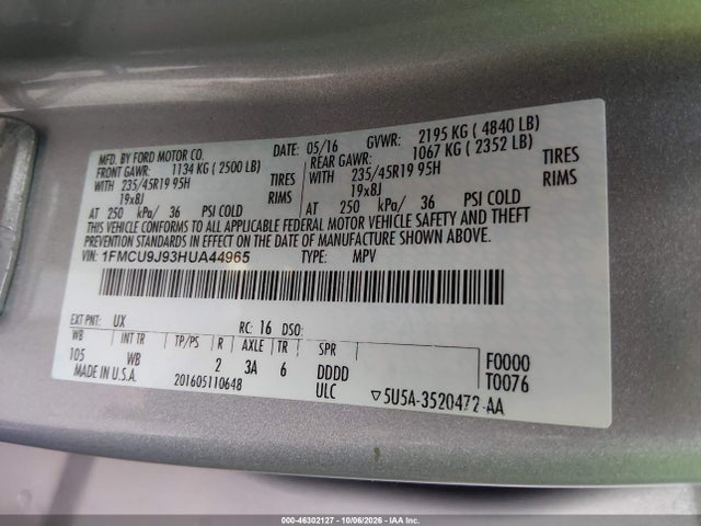 Продажа на аукционе авто 2017 Ford Escape Titanium, vin: 1FMCU9J93HUA44965, номер лота: 46302127