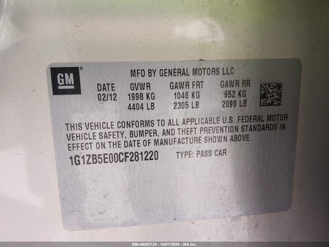 2012 Chevrolet Malibu Ls მანქანა იყიდება აუქციონზე, vin: 1G1ZB5E00CF281220, აუქციონის ნომერი: 46302128