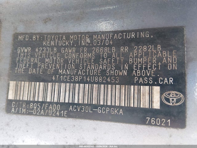 46302143 :رقم المزاد ، 4T1CE38P14U882453 vin ، 2004 Toyota Camry Solara Sle مزاد بيع