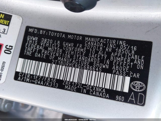 46302228 :رقم المزاد ، 2T1BURHE8GC686645 vin ، 2016 Toyota Corolla Le مزاد بيع
