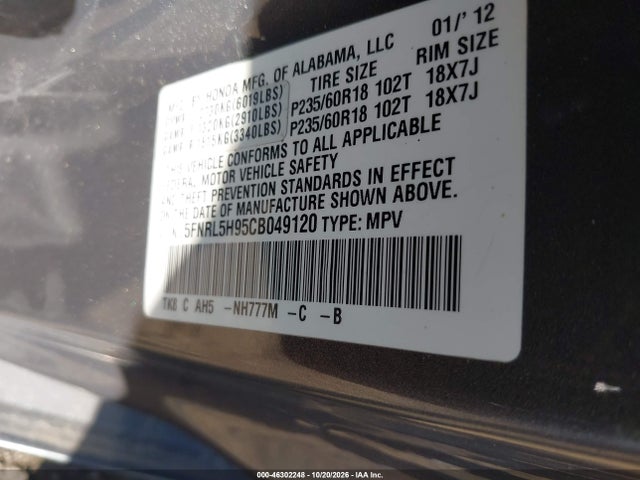 46302248 :رقم المزاد ، 5FNRL5H95CB049120 vin ، 2012 Honda Odyssey Touring/touring Elite مزاد بيع