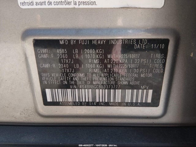 46302277 :رقم المزاد ، 4S4BRBGC8B3373777 vin ، 2011 Subaru Outback 2.5i Premium مزاد بيع