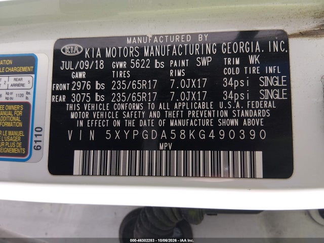 Aukcja sprzedaży 2019 Kia Sorento 3.3l Lx, vin: 5XYPGDA58KG490390, numer aukcji: 46302283