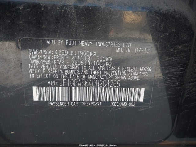 46302349 :رقم المزاد ، JF1GPAS64DH204265 vin ، 2013 Subaru Impreza 2.0i Sport Limited مزاد بيع