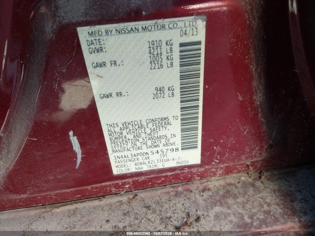 Продажа на аукционе авто 2013 Nissan Altima 2.5 S, vin: 1N4AL3AP0DN545798, номер лота: 46302365