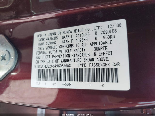 Продажа на аукционе авто 2009 Acura Tsx, vin: JH4CU26649C035658, номер лота: 46302422