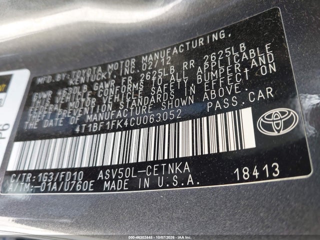 Продаж на аукціоні авто 2012 Toyota Camry Se/le/xle, vin: 4T1BF1FK4CU063052, номер лоту: 46302448
