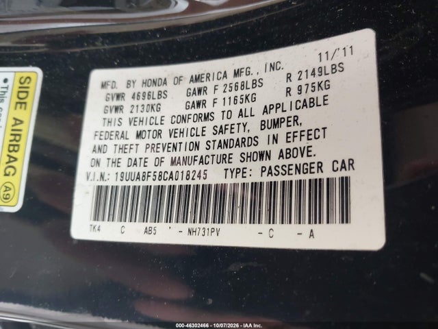 Aukcja sprzedaży 2012 Acura Tl 3.5, vin: 19UUA8F58CA018245, numer aukcji: 46302466