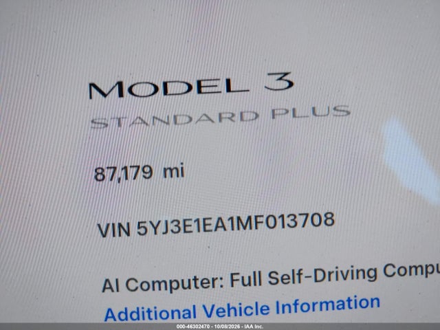 46302470 :رقم المزاد ، 5YJ3E1EA1MF013708 vin ، 2021 Tesla Model 3 Standard Range Plus Rear-wheel Drive مزاد بيع