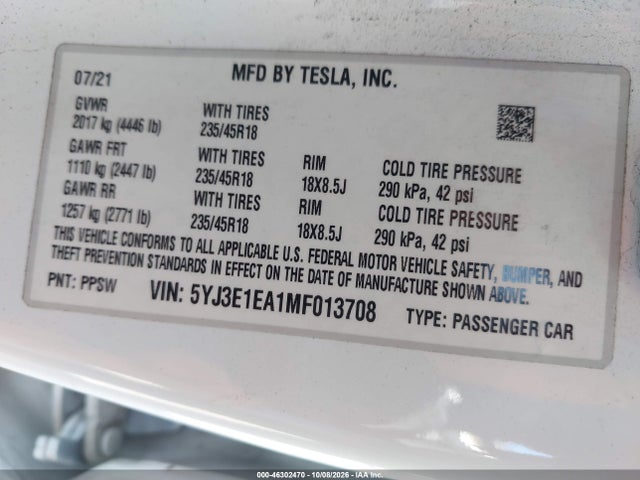 46302470 :رقم المزاد ، 5YJ3E1EA1MF013708 vin ، 2021 Tesla Model 3 Standard Range Plus Rear-wheel Drive مزاد بيع