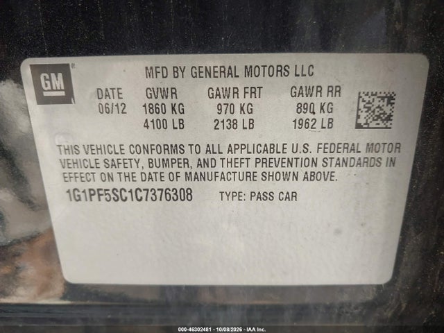 Продаж на аукціоні авто 2012 Chevrolet Cruze 1lt, vin: 1G1PF5SC1C7376308, номер лоту: 46302481