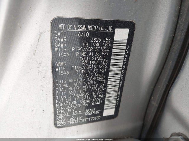 46302488 :رقم المزاد ، JN8AZ2KR5AT167461 vin ، 2010 Nissan Cube 1.8 مزاد بيع