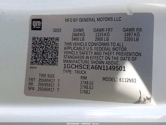 2022 Chevrolet Colorado 2wd  Long Box Lt მანქანა იყიდება აუქციონზე, vin: 1GCHSCEA6N1149501, აუქციონის ნომერი: 46302490