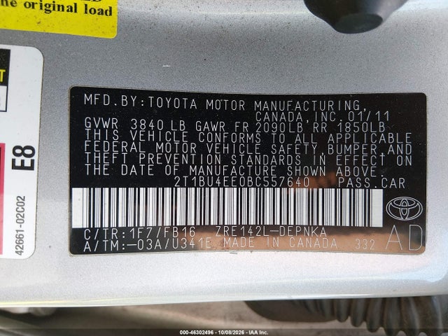46302496 :رقم المزاد ، 2T1BU4EE0BC557640 vin ، 2011 Toyota Corolla Le مزاد بيع