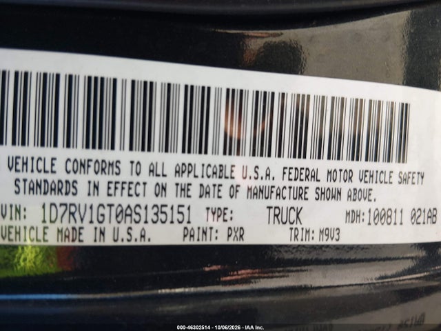 46302514 :رقم المزاد ، 1D7RV1GT0AS135151 vin ، 2010 Dodge Ram 1500 Slt/sport/trx مزاد بيع
