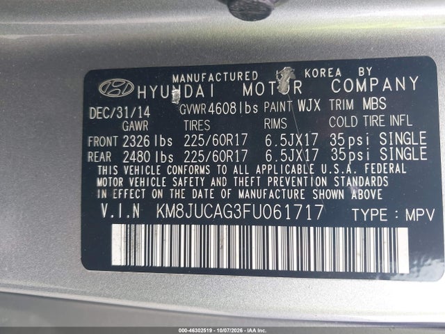 Aukcja sprzedaży 2015 Hyundai Tucson Se, vin: KM8JUCAG3FU061717, numer aukcji: 46302519