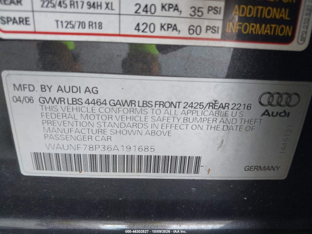 2006 Audi A3 2.0t მანქანა იყიდება აუქციონზე, vin: WAUNF78P36A191685, აუქციონის ნომერი: 46302527