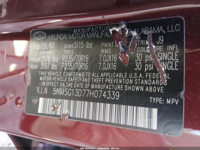 Aukcja sprzedaży 2007 Hyundai Santa Fe Gls, vin: 5NMSG13D77H074339, numer aukcji: 46302537