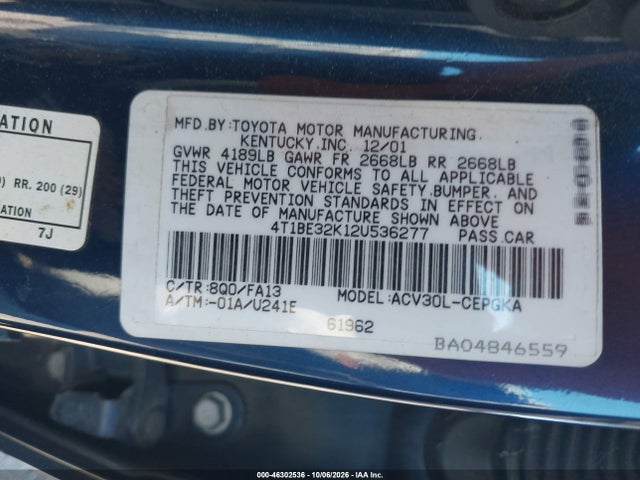 Продажа на аукционе авто 2002 Toyota Camry Xle, vin: 4T1BE32K12U536277, номер лота: 46302536
