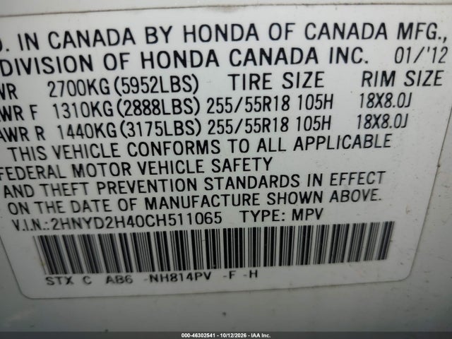 Aukcja sprzedaży 2012 Acura Mdx Technology Package, vin: 2HNYD2H40CH511065, numer aukcji: 46302541