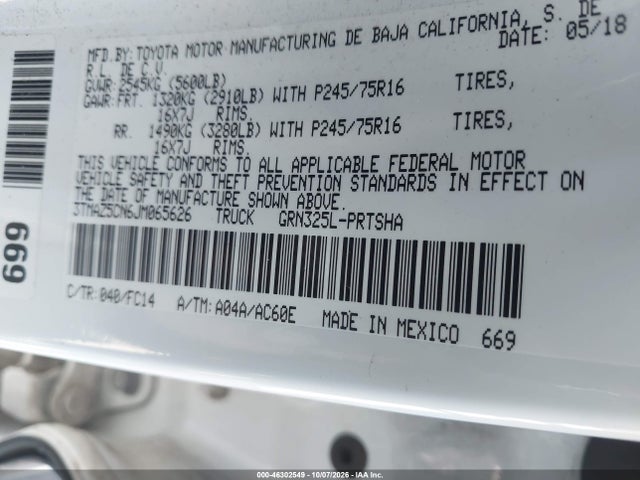 46302549 :رقم المزاد ، 3TMAZ5CN6JM065626 vin ، 2018 Toyota Tacoma Sr5 V6 مزاد بيع
