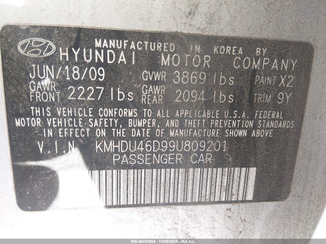 Продажа на аукционе авто 2009 Hyundai Elantra Gls/se, vin: KMHDU46D99U809201, номер лота: 46302604
