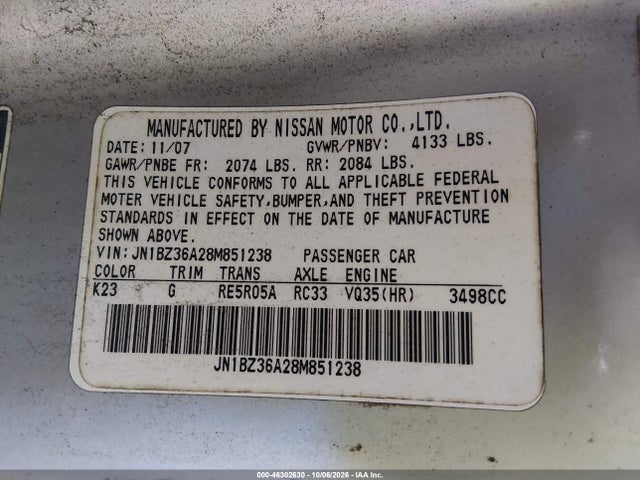 46302630 :رقم المزاد ، JN1BZ36A28M851238 vin ، 2008 Nissan 350z Enthusiast مزاد بيع