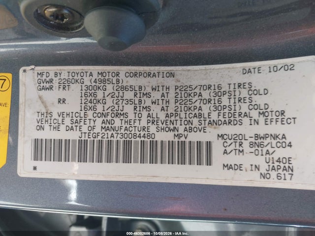 Aukcja sprzedaży 2003 Toyota Highlander Limited V6, vin: JTEGF21A730084480, numer aukcji: 46302686