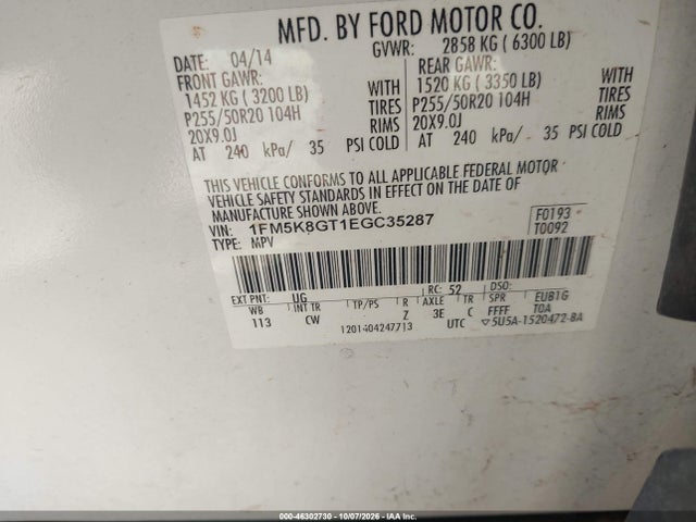 Продажа на аукционе авто 2014 Ford Explorer Sport, vin: 1FM5K8GT1EGC35287, номер лота: 46302730