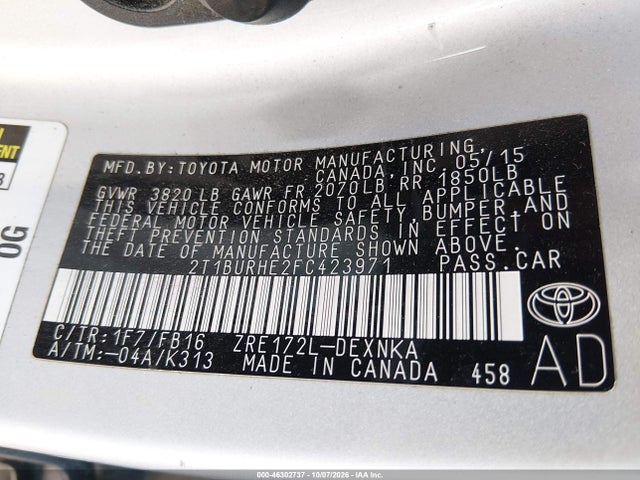 2015 Toyota Corolla Le მანქანა იყიდება აუქციონზე, vin: 2T1BURHE2FC423971, აუქციონის ნომერი: 46302737