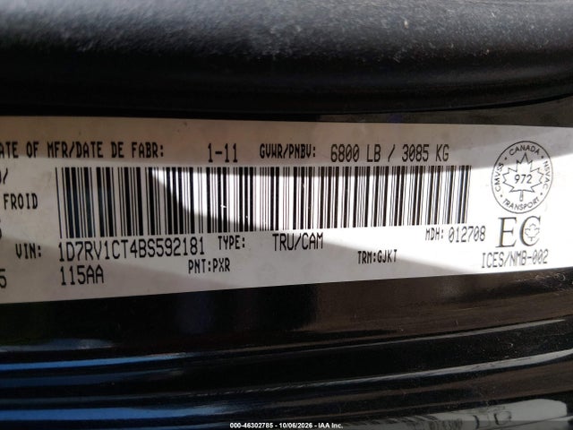 Продажа на аукционе авто 2011 Ram Ram 1500 Laramie, vin: 1D7RV1CT4BS592181, номер лота: 46302785