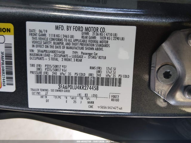 Продажа на аукционе авто 2019 Ford Fusion Hybrid Se, vin: 3FA6P0LU4KR274458, номер лота: 46302789
