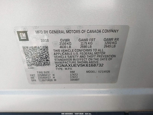 Продаж на аукціоні авто 2019 Chevrolet Equinox Lt, vin: 2GNAXUEV5K6168732, номер лоту: 46302803