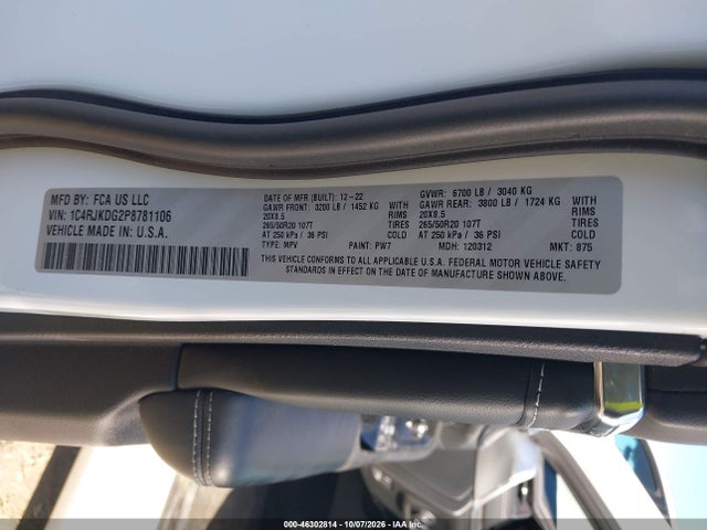 Auction sale of the 2023 Jeep Grand Cherokee L Overland 4x4, vin: 1C4RJKDG2P8781106, lot number: 46302814