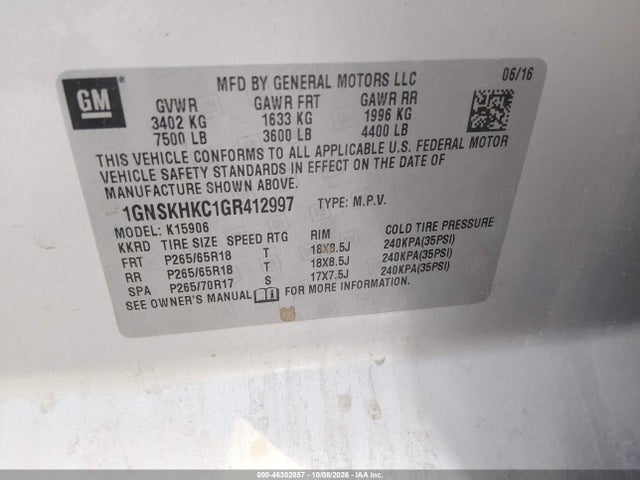46302857 :رقم المزاد ، 1GNSKHKC1GR412997 vin ، 2016 Chevrolet Suburban Lt مزاد بيع