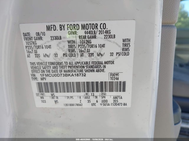 46302868 :رقم المزاد ، 1FMCU0D73BKA18732 vin ، 2011 Ford Escape Xlt مزاد بيع