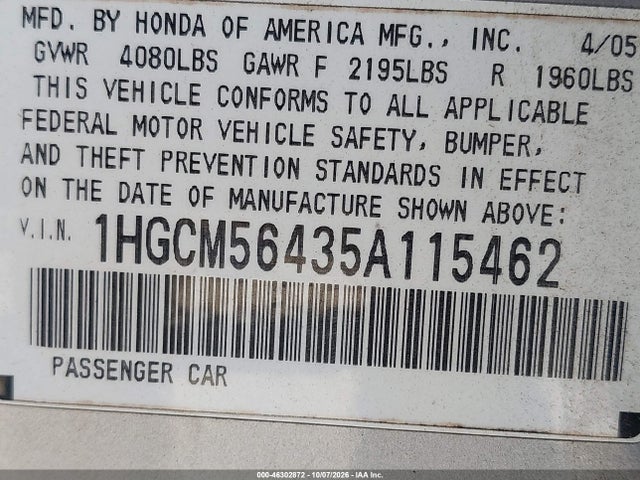 46302872 :رقم المزاد ، 1HGCM56435A115462 vin ، 2005 Honda Accord 2.4 Lx مزاد بيع