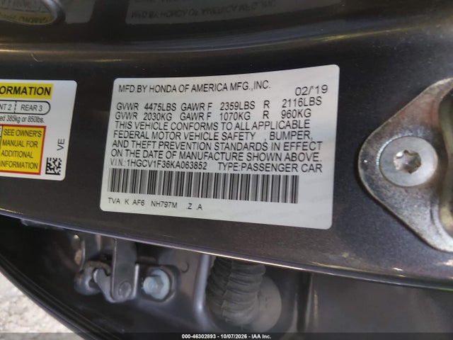 46302893 :رقم المزاد ، 1HGCV1F36KA063852 vin ، 2019 Honda Accord Sport مزاد بيع