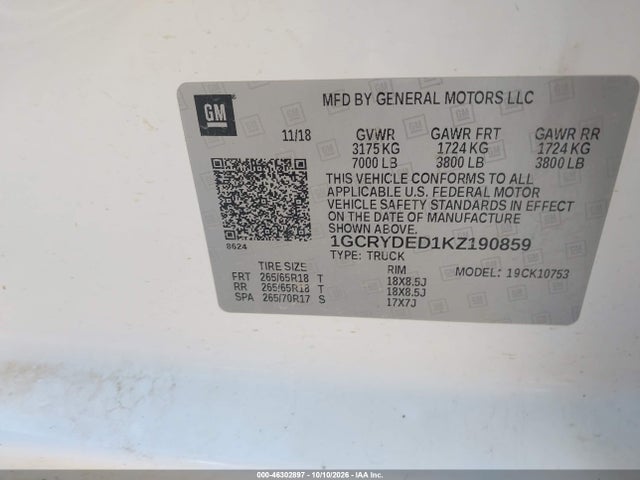 46302897 :رقم المزاد ، 1GCRYDED1KZ190859 vin ، 2019 Chevrolet Silverado 1500 Lt مزاد بيع